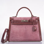 Hermes Unique HSS Kelly 32 Sellier Rose Indienne Doblis Suede & Mauve Lizard with Palladium Hardware - 2012, N Square - top view