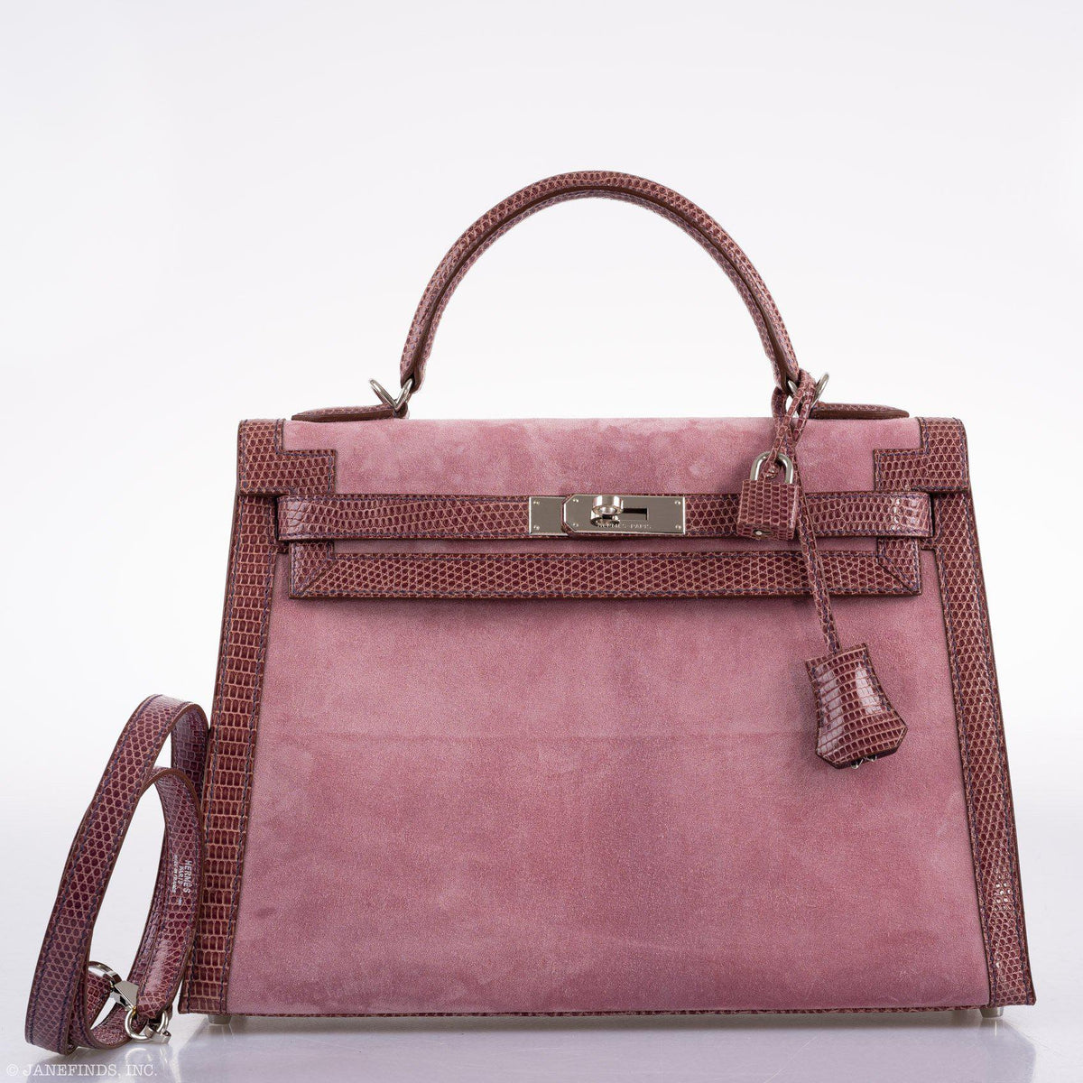 Hermes Unique HSS Kelly 32 Sellier Rose Indienne Doblis Suede & Mauve Lizard with Palladium Hardware - 2012, N Square - top view