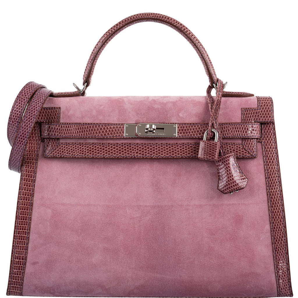 Hermes Unique HSS Kelly 32 Sellier Rose Indienne Doblis Suede & Mauve Lizard with Palladium Hardware - 2012, N Square - front view