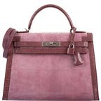 Hermes Unique HSS Kelly 32 Sellier Rose Indienne Doblis Suede & Mauve Lizard with Palladium Hardware - 2012, N Square - front view