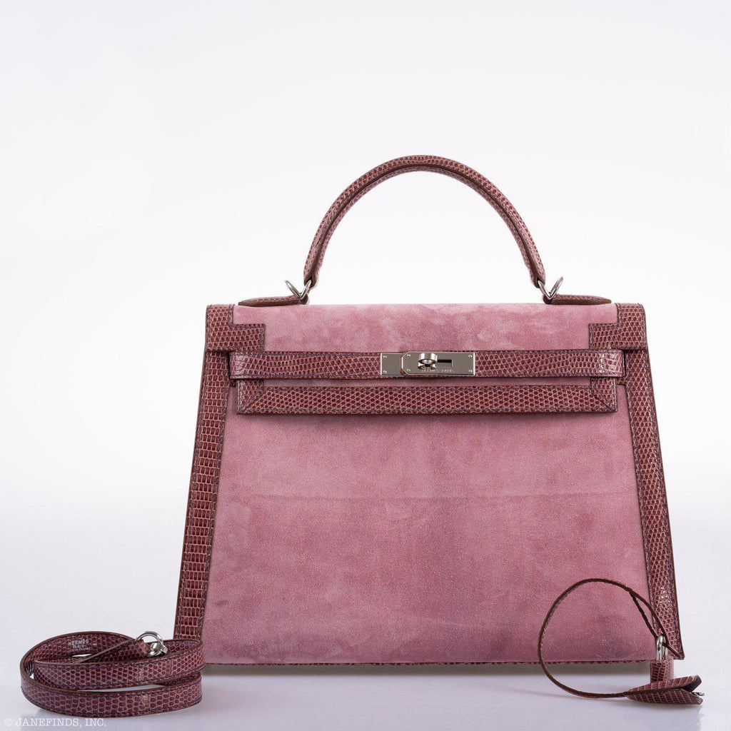 Hermes Unique HSS Kelly 32 Sellier Rose Indienne Doblis Suede & Mauve Lizard with Palladium Hardware - 2012, N Square - side view