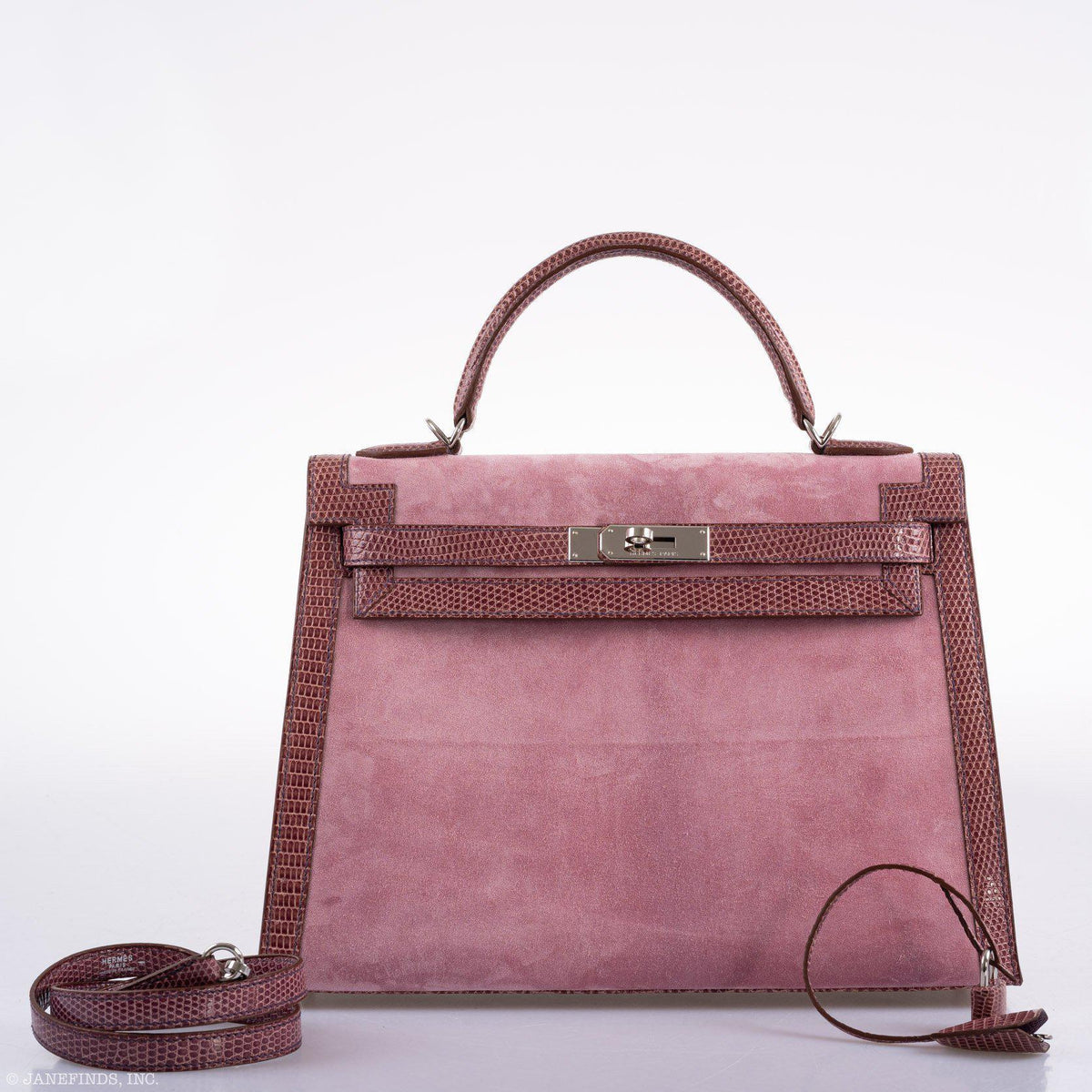 Hermes Unique HSS Kelly 32 Sellier Rose Indienne Doblis Suede & Mauve Lizard with Palladium Hardware - 2012, N Square - side view