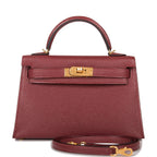 Front view of Hermes Kelly 20 Sellier in Rouge H chevre leather