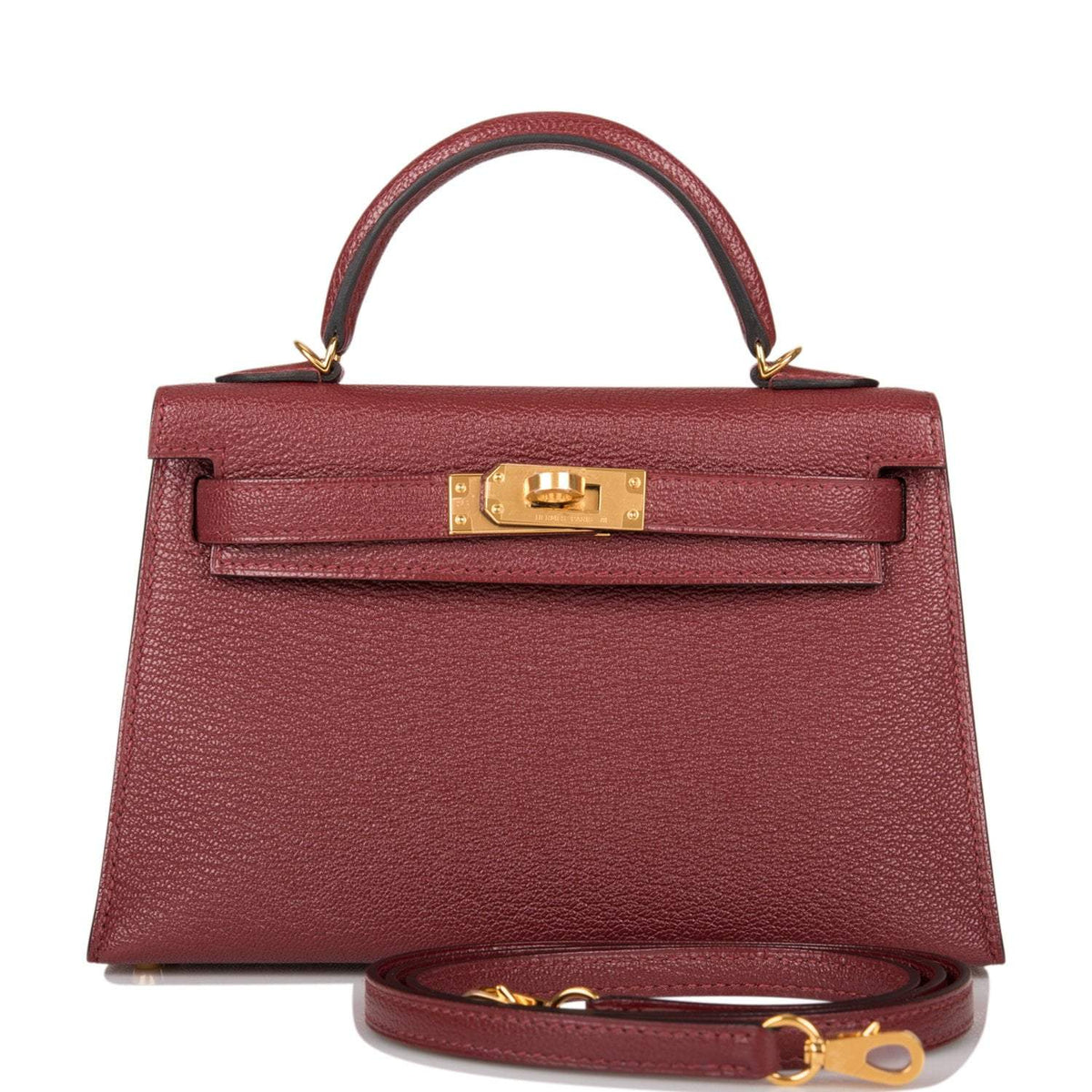Front view of Hermes Kelly 20 Sellier in Rouge H chevre leather
