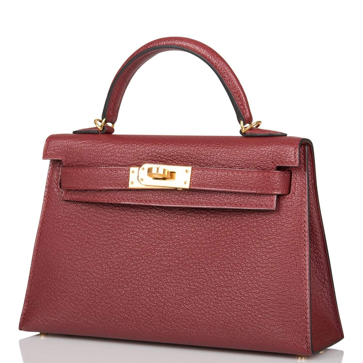 Side profile of Hermes Mini Kelly 20 with gold hardware

