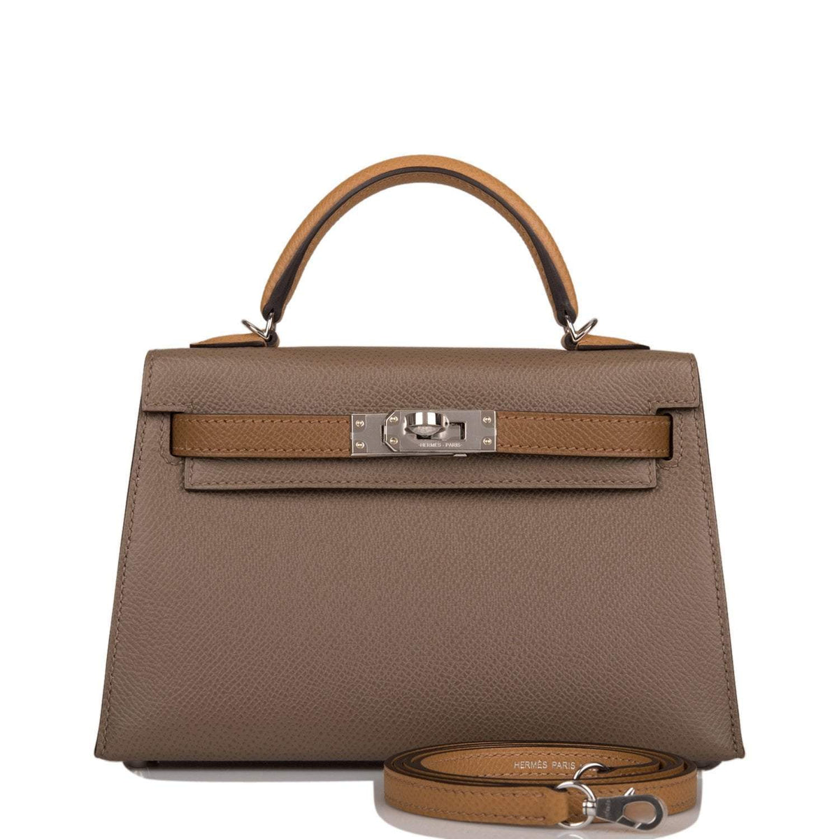 Front view of Hermes Kelly 20 Tri-Color in Etoupe, Alezan, and Biscuit