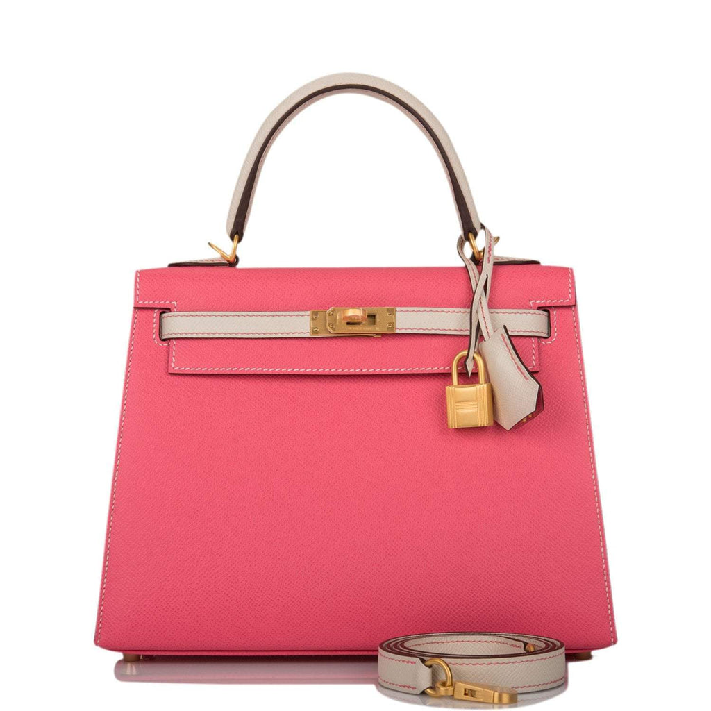 Hermes Kelly 25 Bi-Color Sellier handbag in Rose Azalee and Craie Epsom leather with brushed gold hardware.