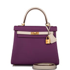 Hermes Kelly 25 Bi-Color Sellier handbag in Rose Azalee and Craie Epsom leather with brushed gold hardware.