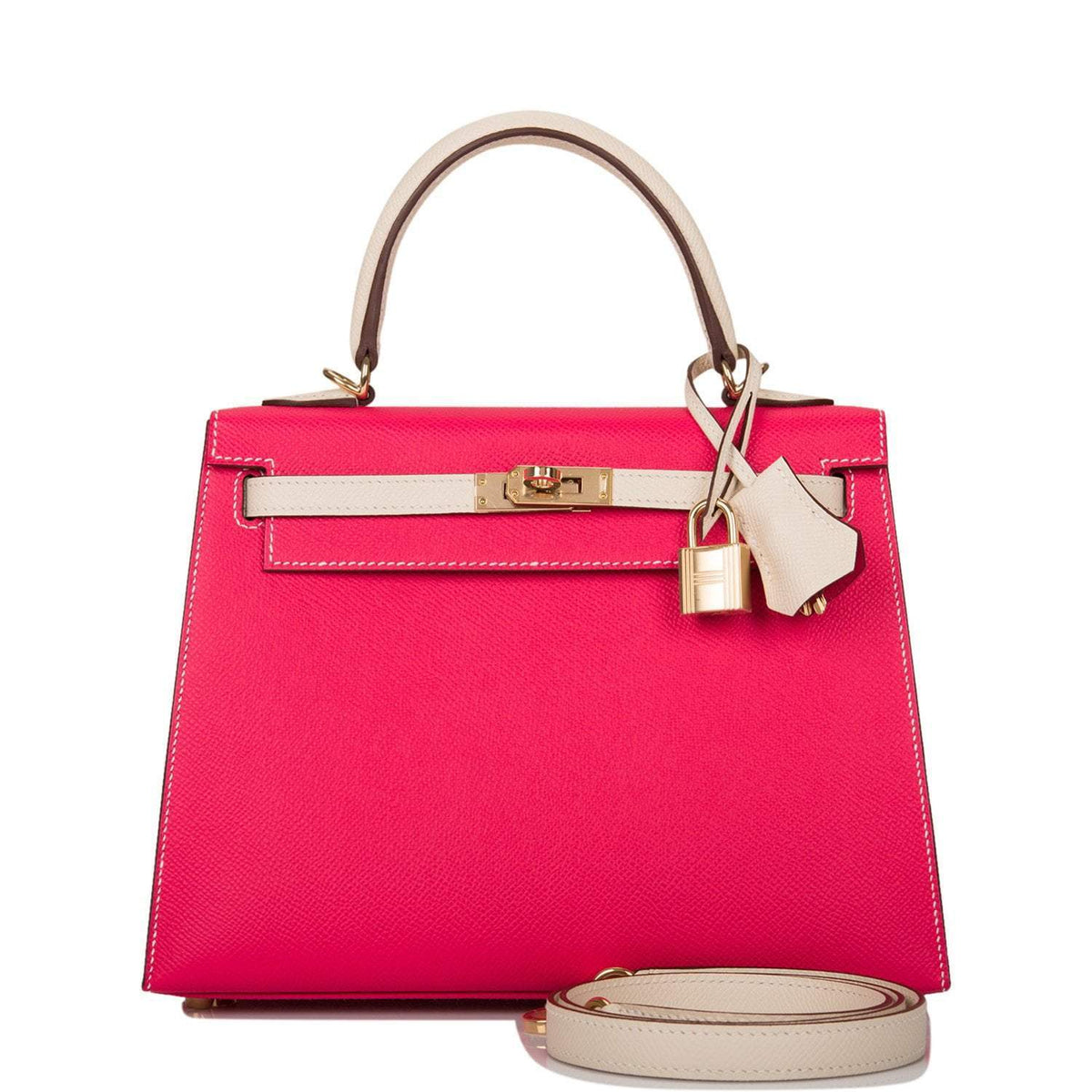 Hermes Kelly 25 Bi-Color Sellier handbag in Rose Extreme and Craie Epsom leather with Permabrass hardware.

