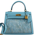 Front view of Vintage Hermes Kelly 25 Sellier in Blue Atoll Tadelakt leather