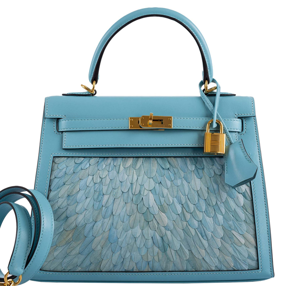 Front view of Vintage Hermes Kelly 25 Sellier in Blue Atoll Tadelakt leather