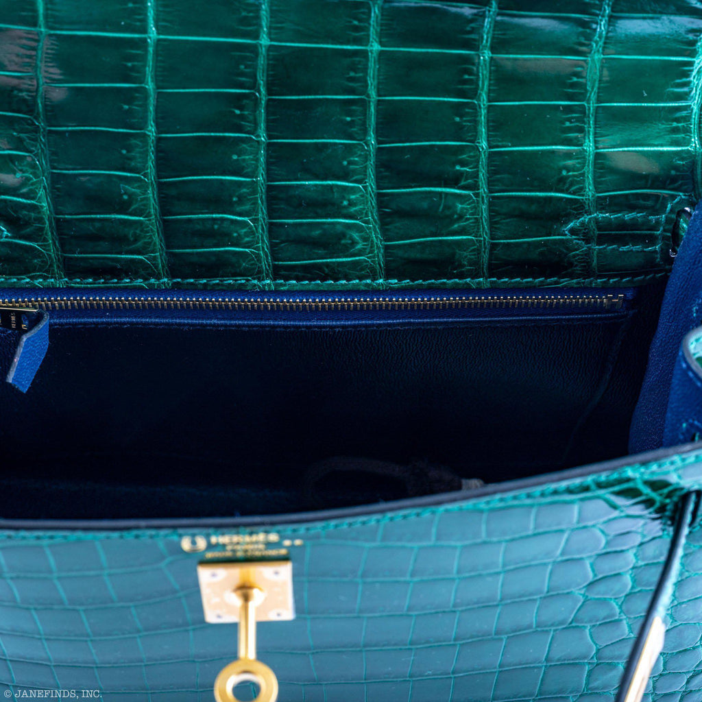 Hermes Kelly 25 HSS Sellier Emerald Nilo Crocodile & Cassis Brushed Gold Hardware - 2018, C - interior detail