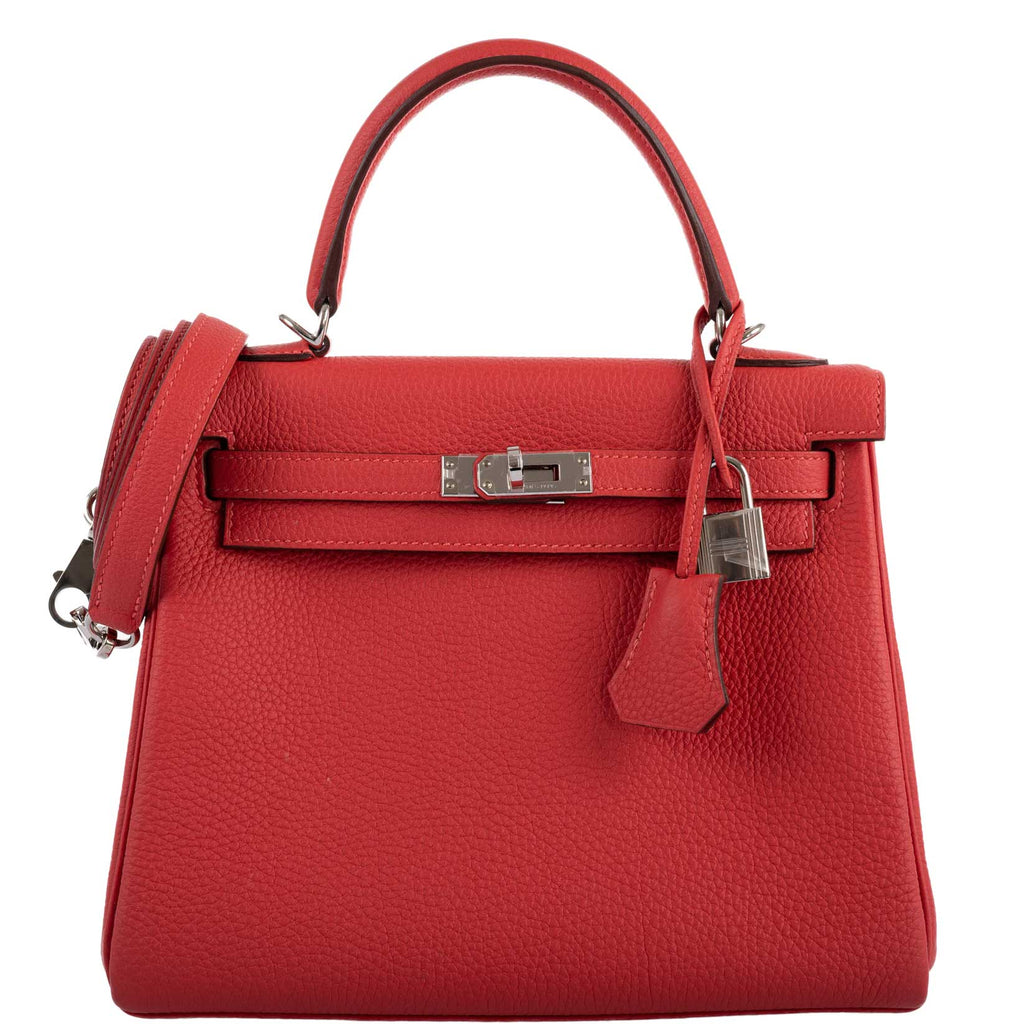 Hermes Kelly 25 Retourne handbag in Rouge Pivoine Togo with palladium hardware.