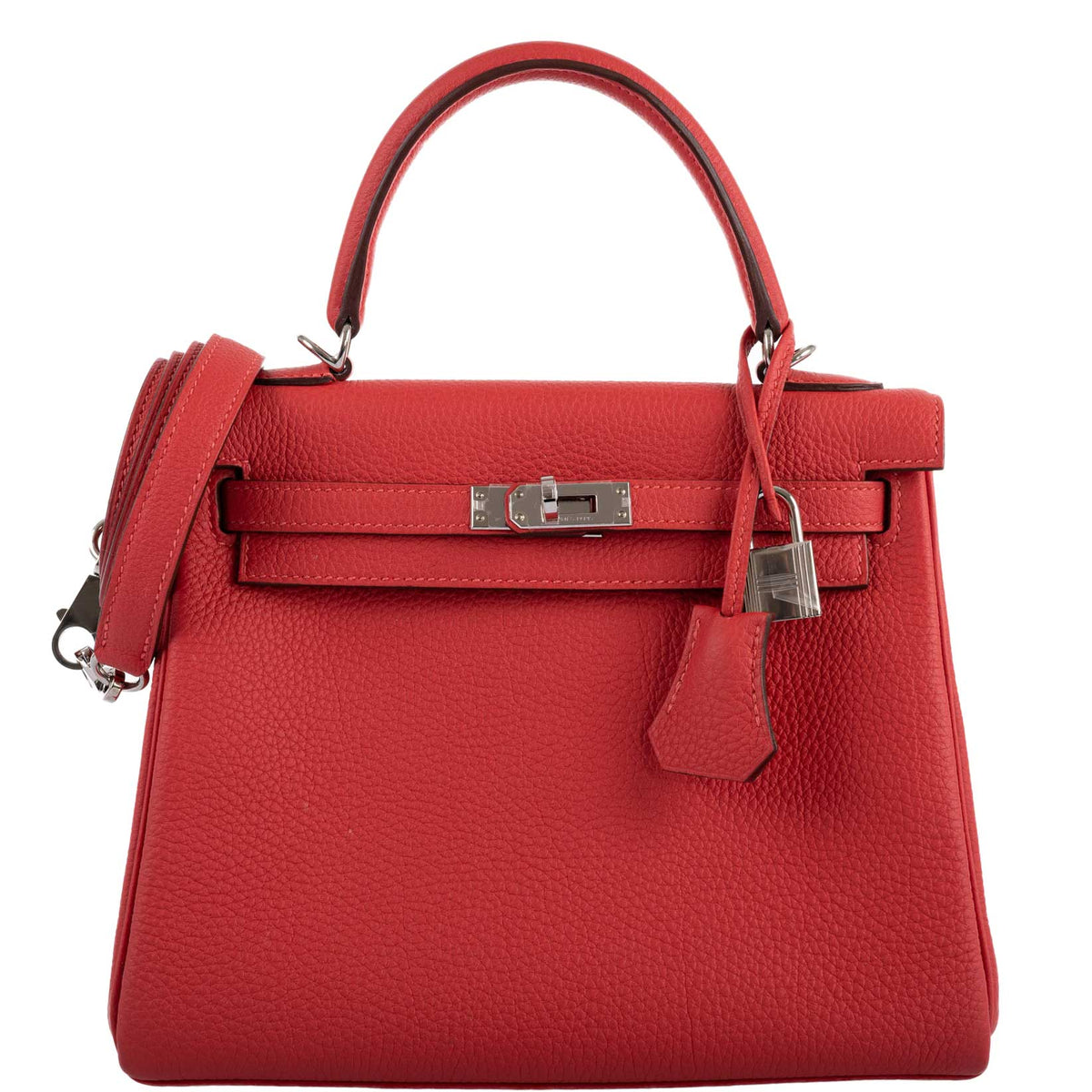 Hermes Kelly 25 Retourne handbag in Rouge Pivoine Togo with palladium hardware.