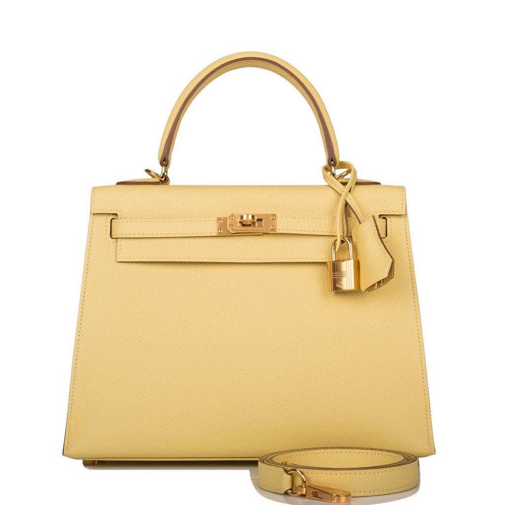 Hermes Kelly 25 Sellier handbag in Jaune Poussin Epsom leather with gold hardware.