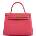 Hermes Kelly 25 Sellier handbag in Rose Lipstick Tadelakt leather with gold hardware