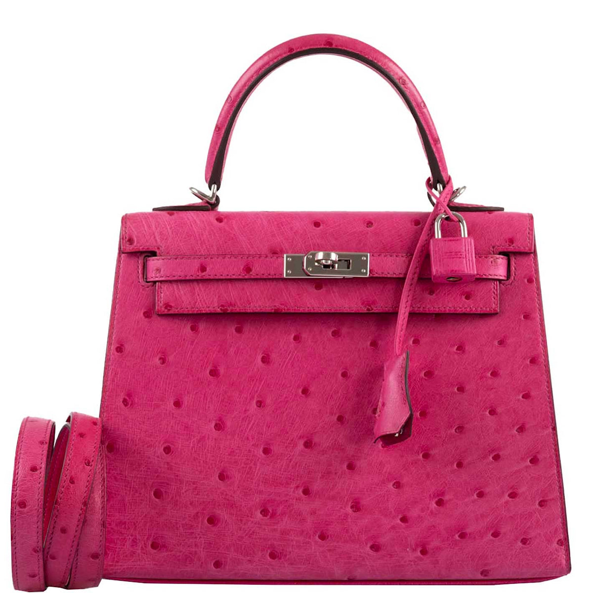 Hermes Kelly 25 Sellier handbag in Rose Tyrien ostrich with palladium hardware
