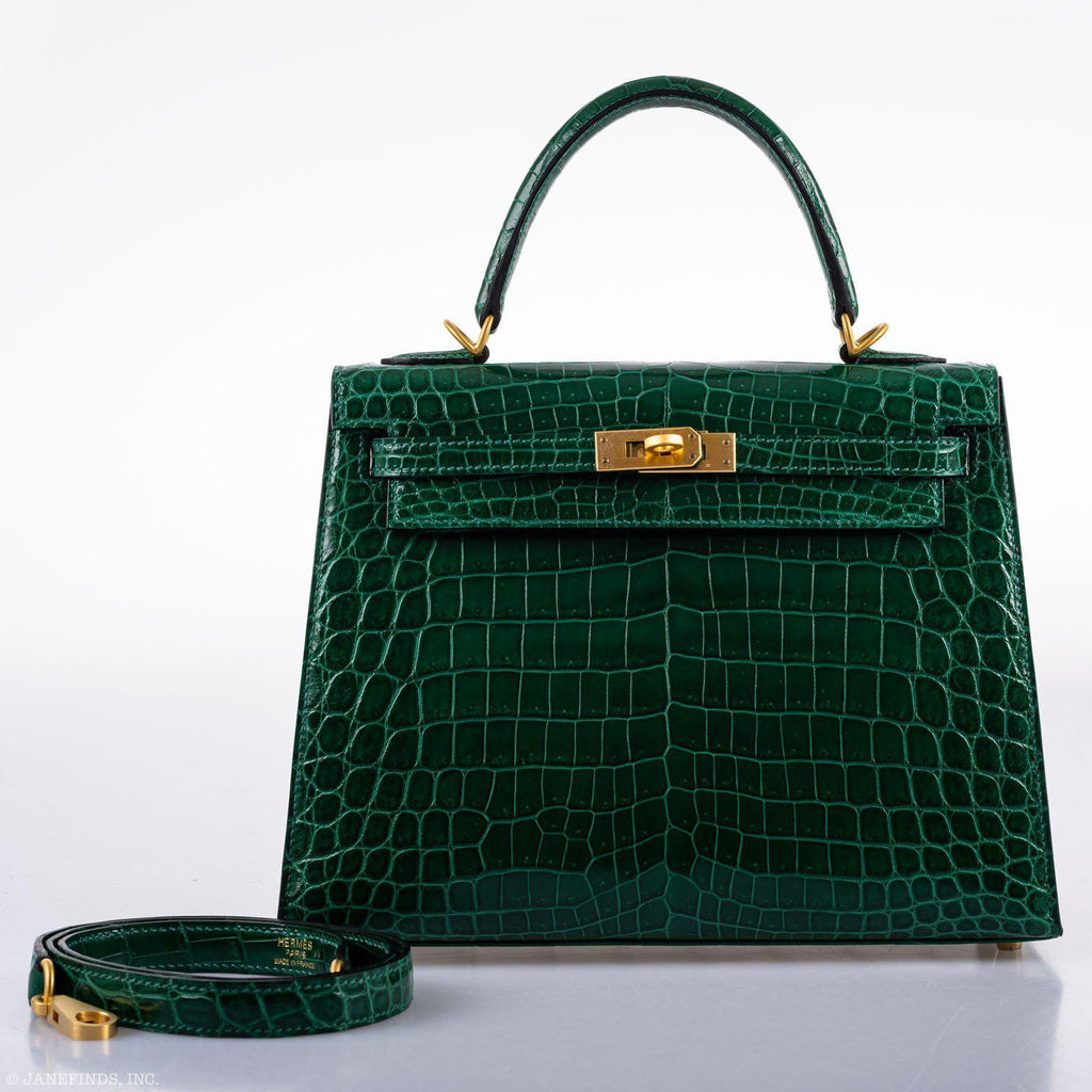 Hermes Kelly 25 HSS Sellier Emerald Nilo Crocodile & Cassis Brushed Gold Hardware - 2018, C - top view