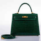 Hermes Kelly 25 HSS Sellier Emerald Nilo Crocodile & Cassis Brushed Gold Hardware - 2018, C - top view