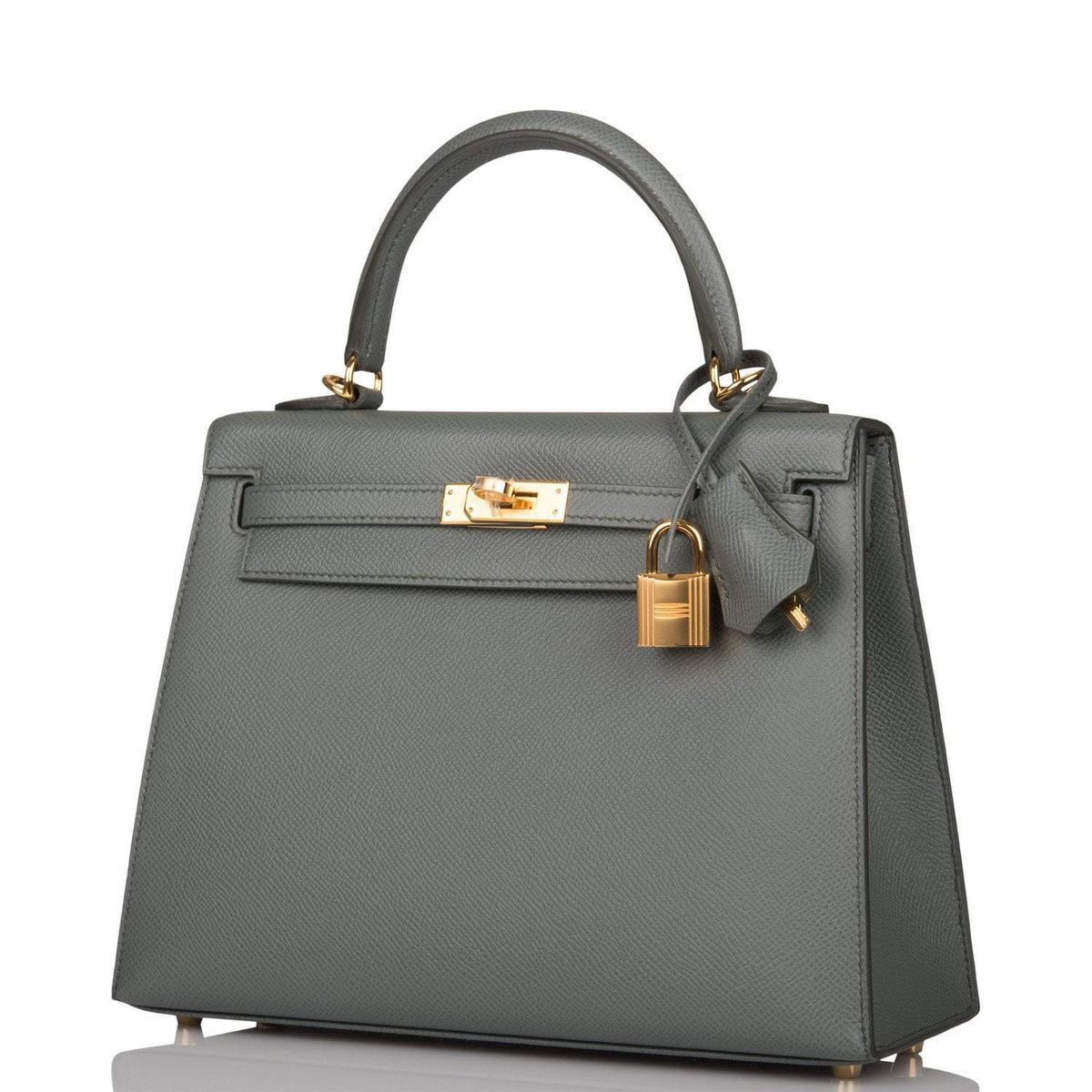 Side profile of Kelly 25cm in gray-green with gold hardware