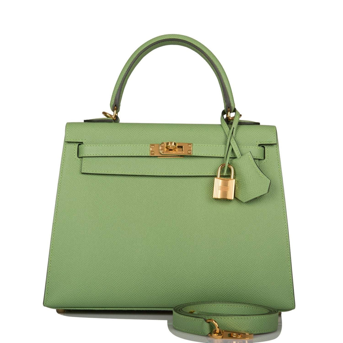 Front view of Hermes Kelly 25 Sellier in Vert Criquet Epsom leather