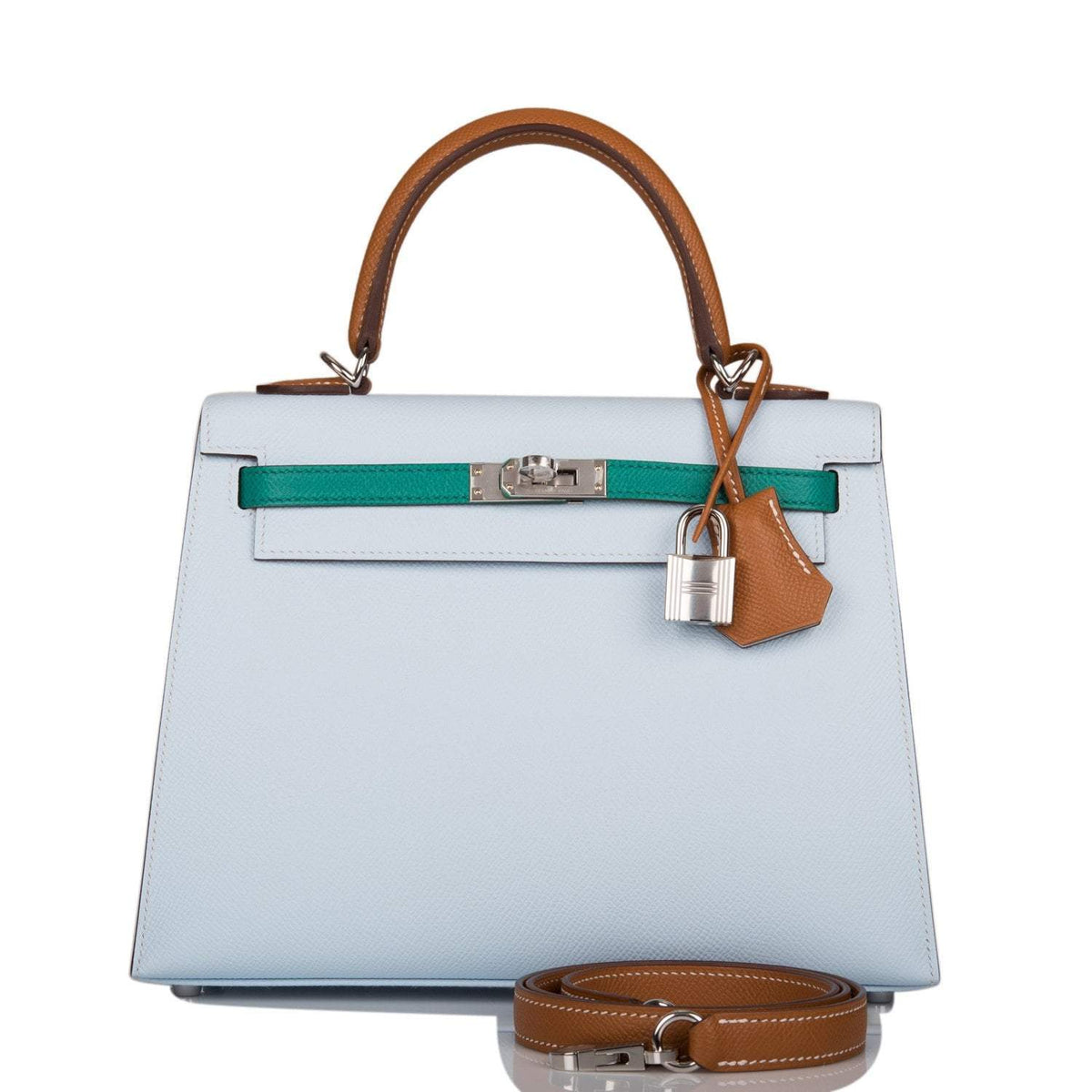 Front view of Hermes Kelly 25 in Tri-Color Bleu Brume, Vert Jade, and Gold