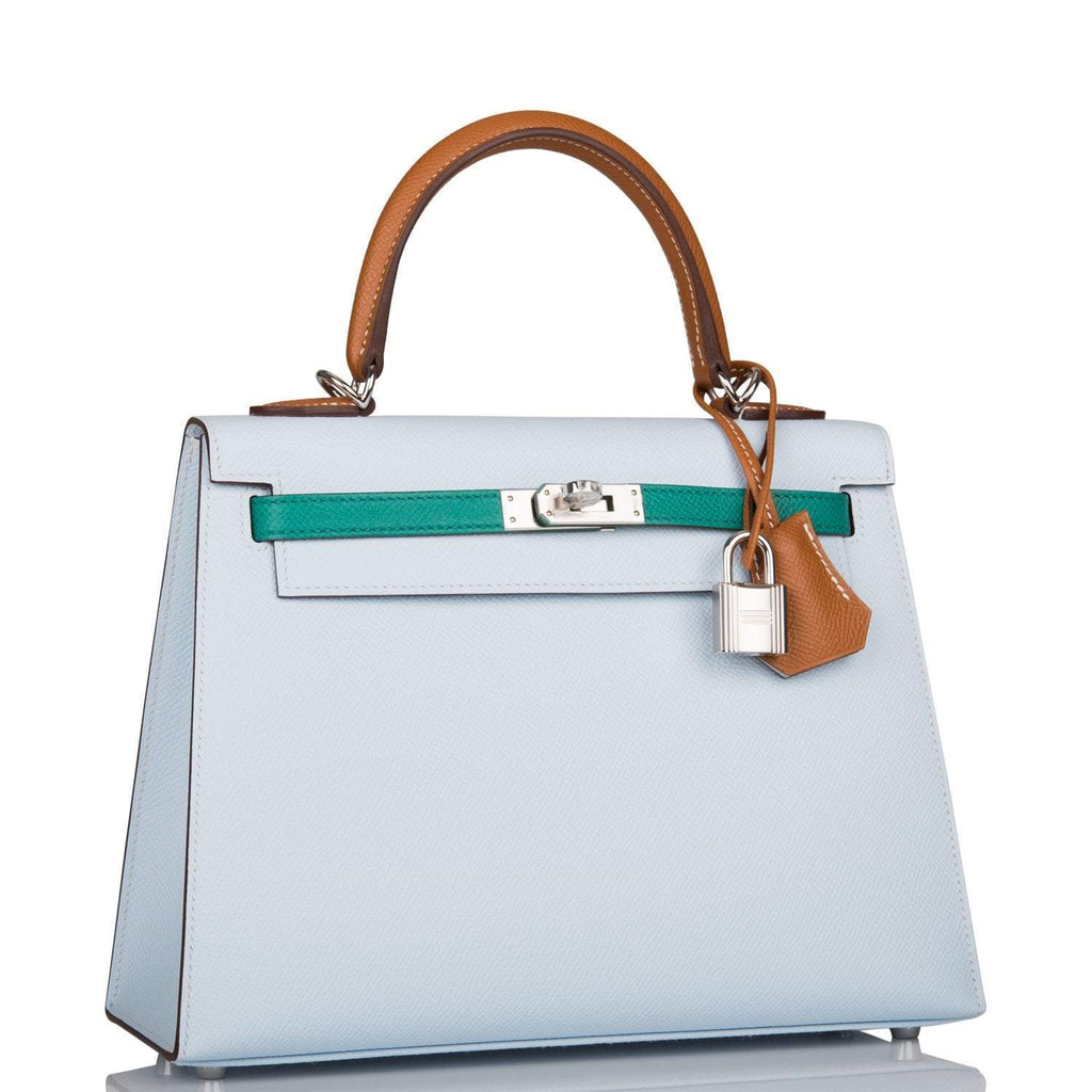 Side profile of color-block Hermes Kelly 25 with palladium hardware