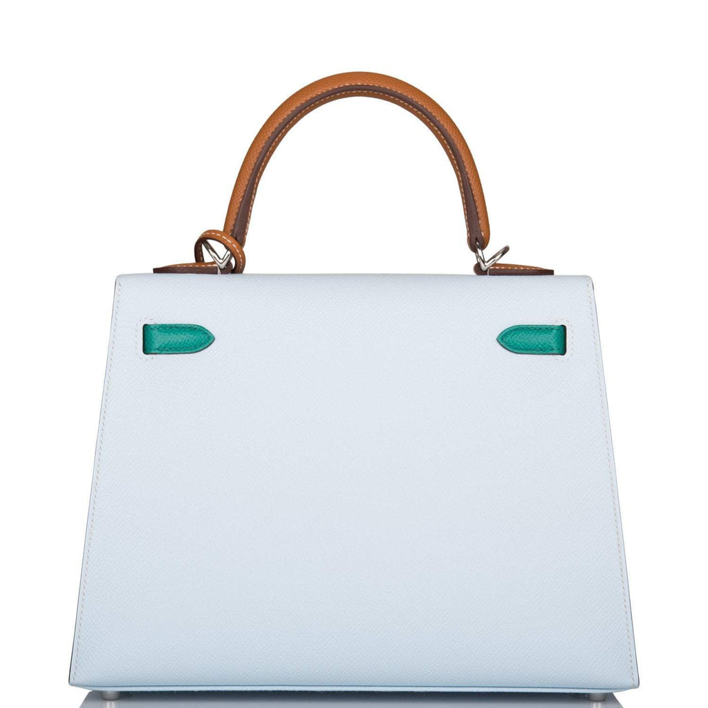 Top handle and flap view of Hermes Kelly 25 Tri-Color design