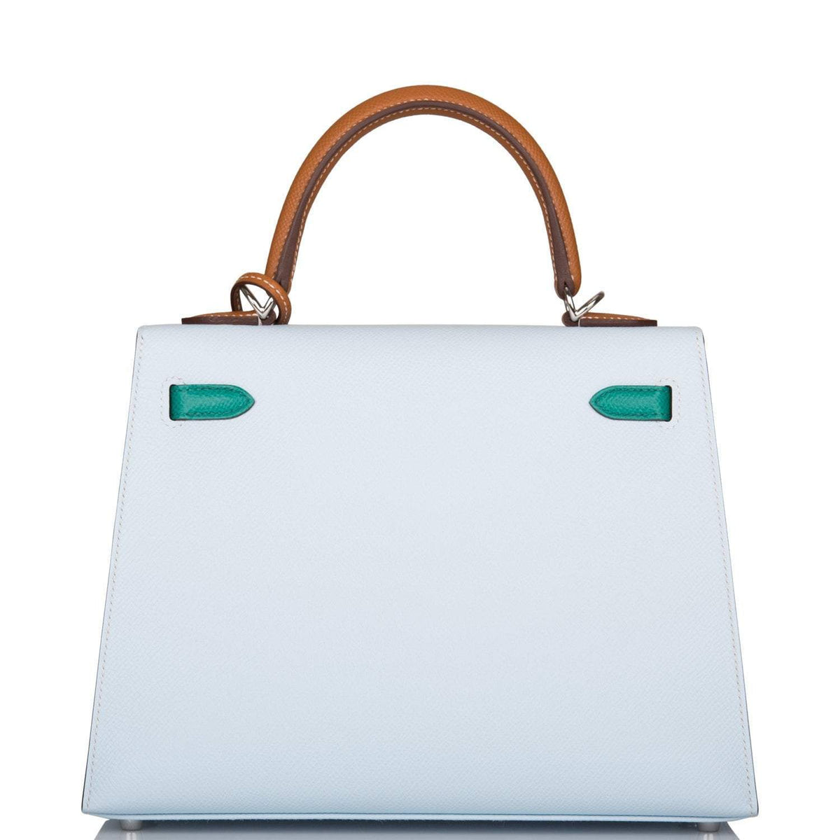 Top handle and flap view of Hermes Kelly 25 Tri-Color design