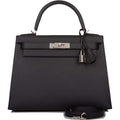 Front view of Hermès Kelly 28 Sellier in black Epsom leather