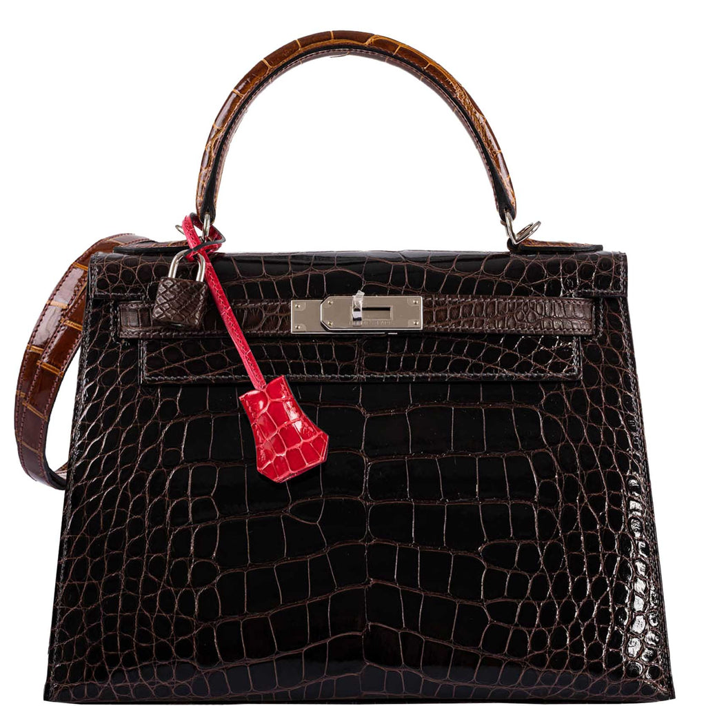 The front view of the multi-color Hermes Kelly 28 with Miel accents