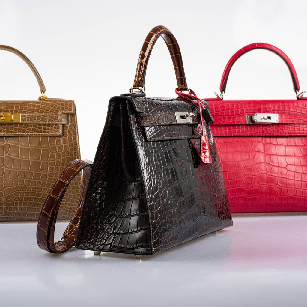 The Hermes Kelly 28 Alligator bag placed on a neutral background