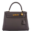 Hermes Kelly 28 Retourne Etain Togo, Kelly 28 Retourne handbag in Etain Togo leather with gold hardware.
