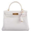 Hermes Kelly 28 Retourne White Epsom, Kelly 28 Retourne handbag in White Epsom leather with gold hardware.