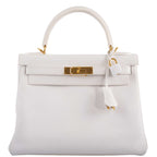 Hermes Kelly 28 Retourne White Epsom, Kelly 28 Retourne handbag in White Epsom leather with gold hardware.