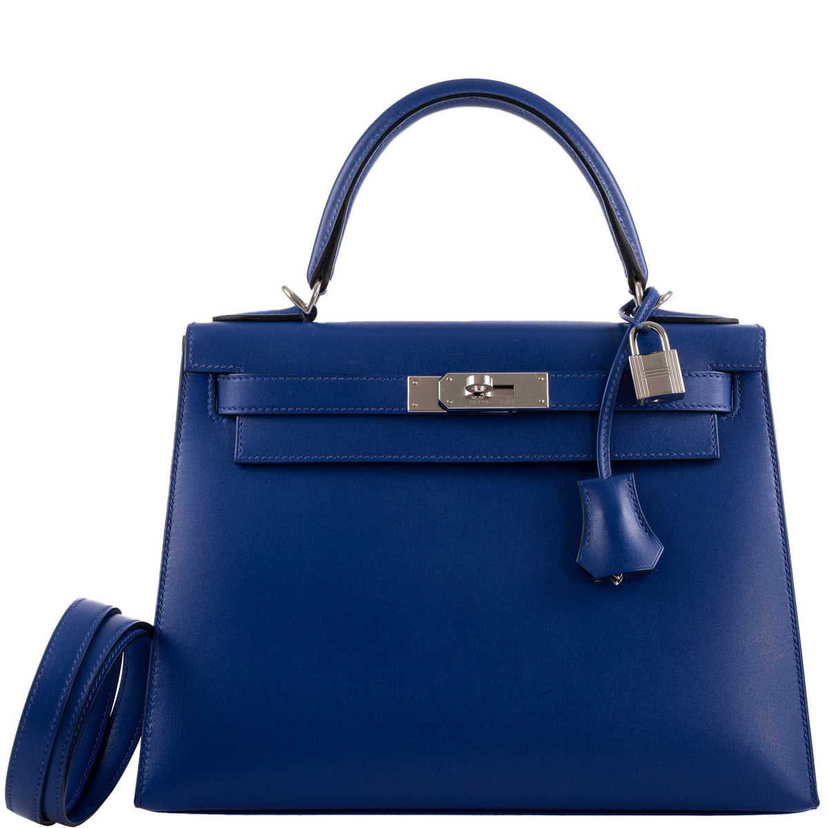 Hermes Kelly 28 Sellier Blue Electric Tadelakt, front view