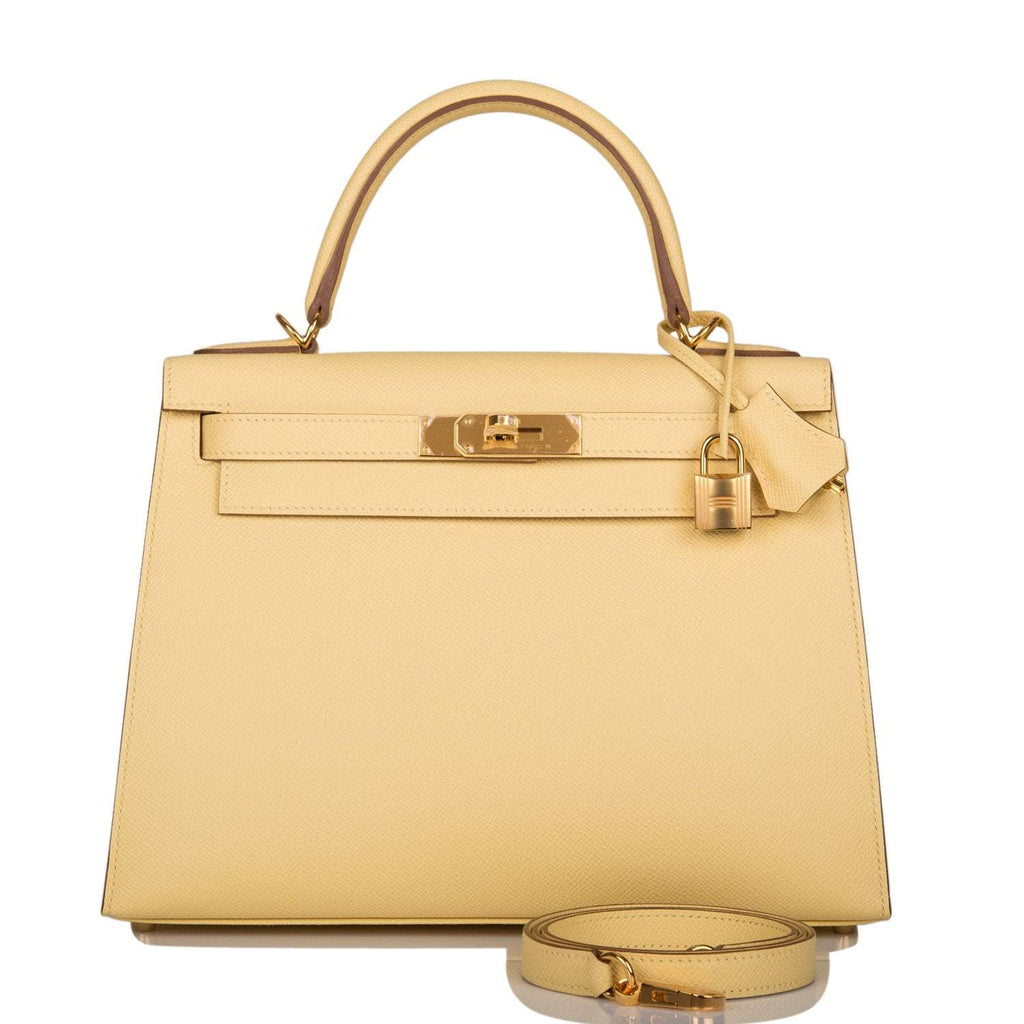 Hermes Kelly 28 Sellier Jaune Poussin, Kelly 28 Sellier handbag in Jaune Poussin Epsom leather with gold hardw