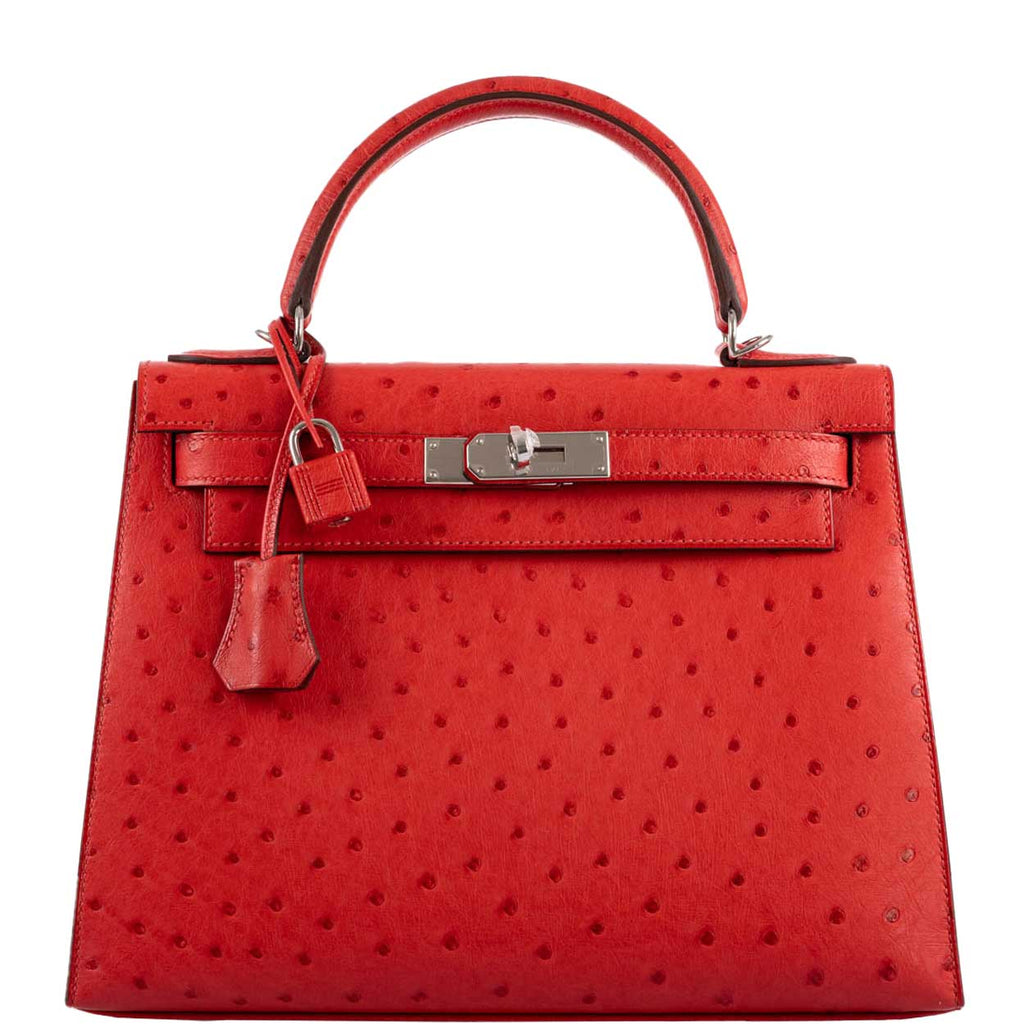 Hermes Kelly 28 Sellier Rouge Vif Ostrich, Kelly 28 Sellier handbag in Rouge Vif ostrich with palladium hardwa