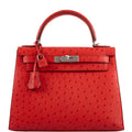 Hermes Kelly 28 Sellier Rouge Vif Ostrich, Kelly 28 Sellier handbag in Rouge Vif ostrich with palladium hardwa