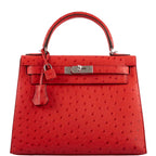Hermes Kelly 28 Sellier Rouge Vif Ostrich, Kelly 28 Sellier handbag in Rouge Vif ostrich with palladium hardwa