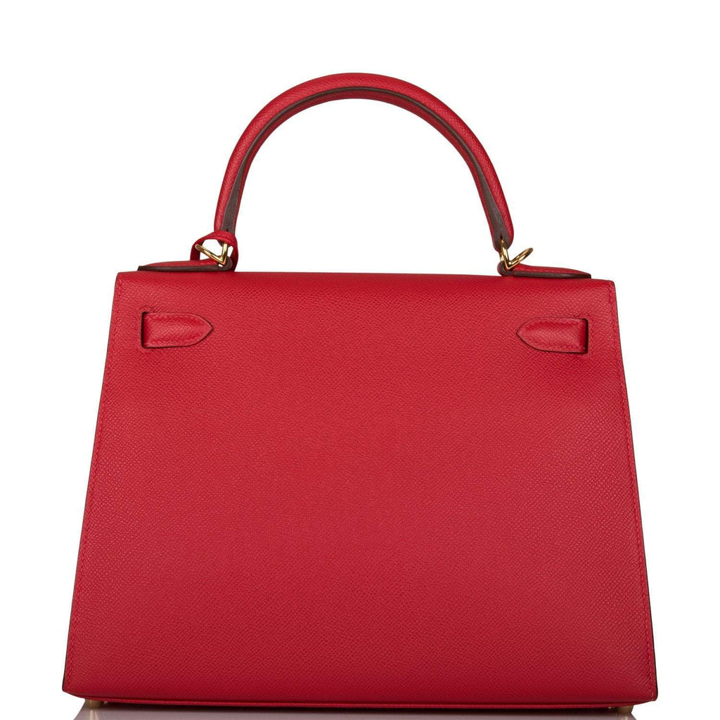 Hermes Rouge Casaque Epsom Sellier Kelly 28cm Gold Hardware, Detail of rolled handle on Kelly 28 in Rouge Casa