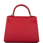 Hermes Rouge Casaque Epsom Sellier Kelly 28cm Gold Hardware, Detail of rolled handle on Kelly 28 in Rouge Casa