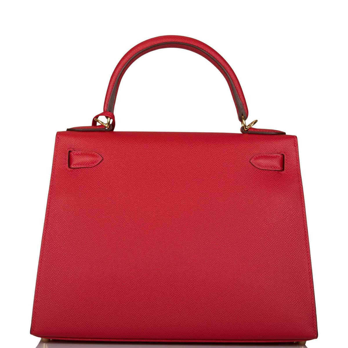 Hermes Rouge Casaque Epsom Sellier Kelly 28cm Gold Hardware, Detail of rolled handle on Kelly 28 in Rouge Casa