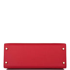 Hermes Rouge Casaque Epsom Sellier Kelly 28cm Gold Hardware, Interior view of Kelly 28 with chevre lining and