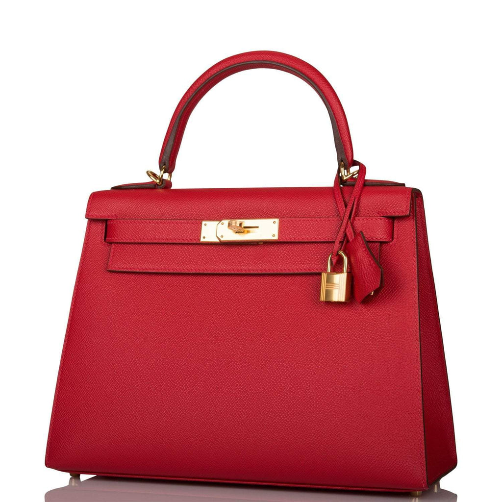 Hermes Rouge Casaque Epsom Sellier Kelly 28cm Gold Hardware, Open flap of Sellier Kelly 28 showing toggle clos
