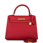 Hermes Rouge Casaque Epsom Sellier Kelly 28cm Gold Hardware, Kelly 28cm red bag with gold hardware