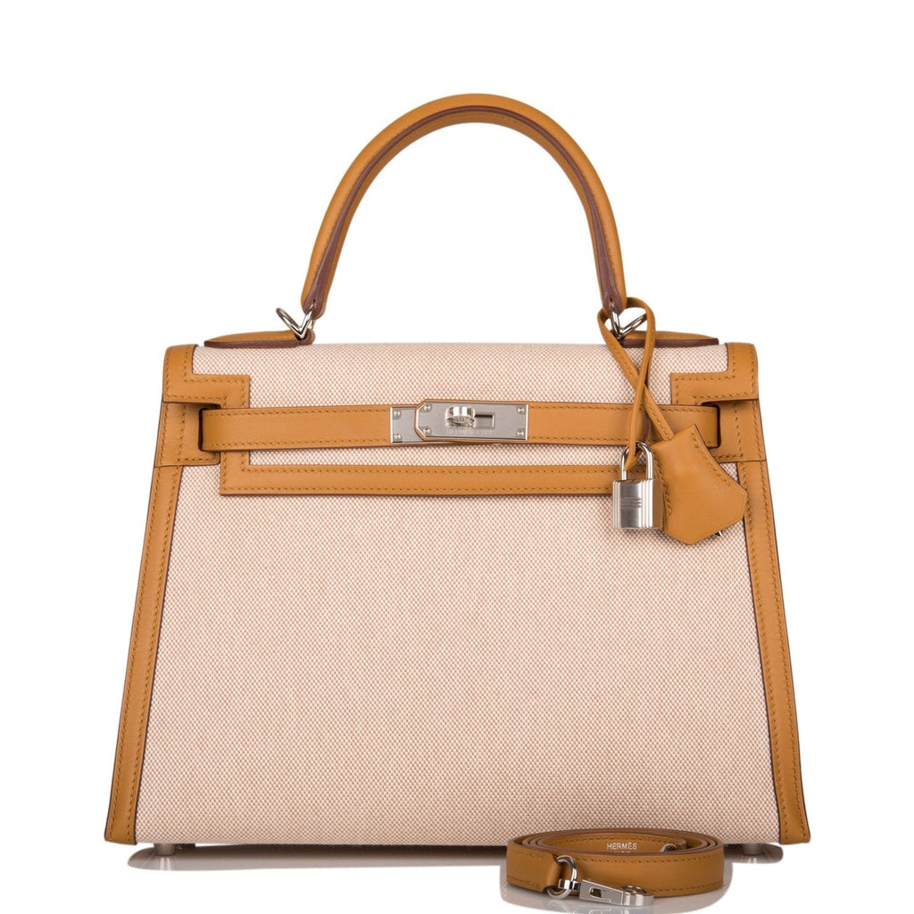 Hermes Sesame Toile and Swift Sellier Kelly 28cm Palladium Hardware, Kelly 28 Sellier in Sesame toile and swif