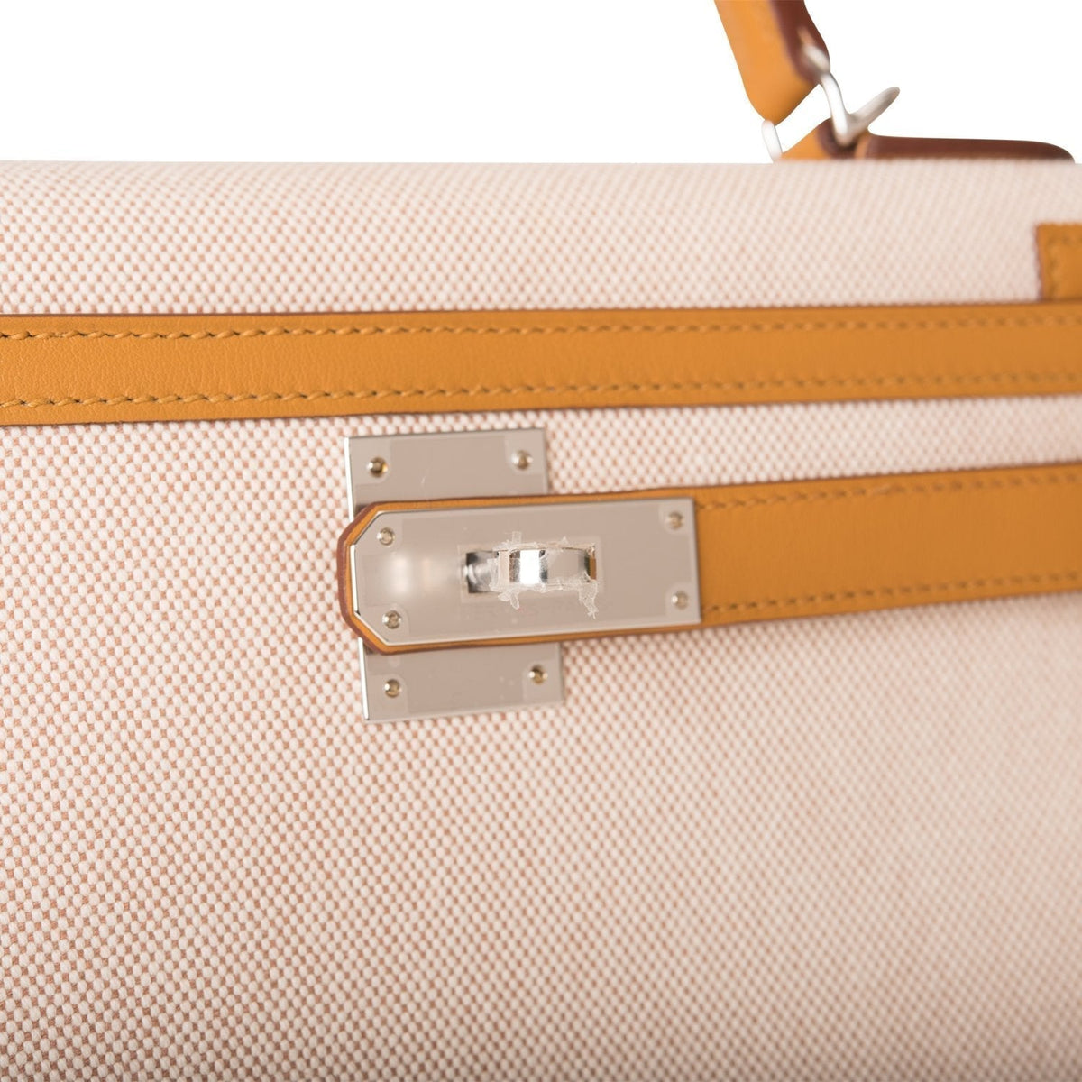Hermes Sesame Toile and Swift Sellier Kelly 28cm Palladium Hardware, Sesame Kelly 28cm styled with shoulder st