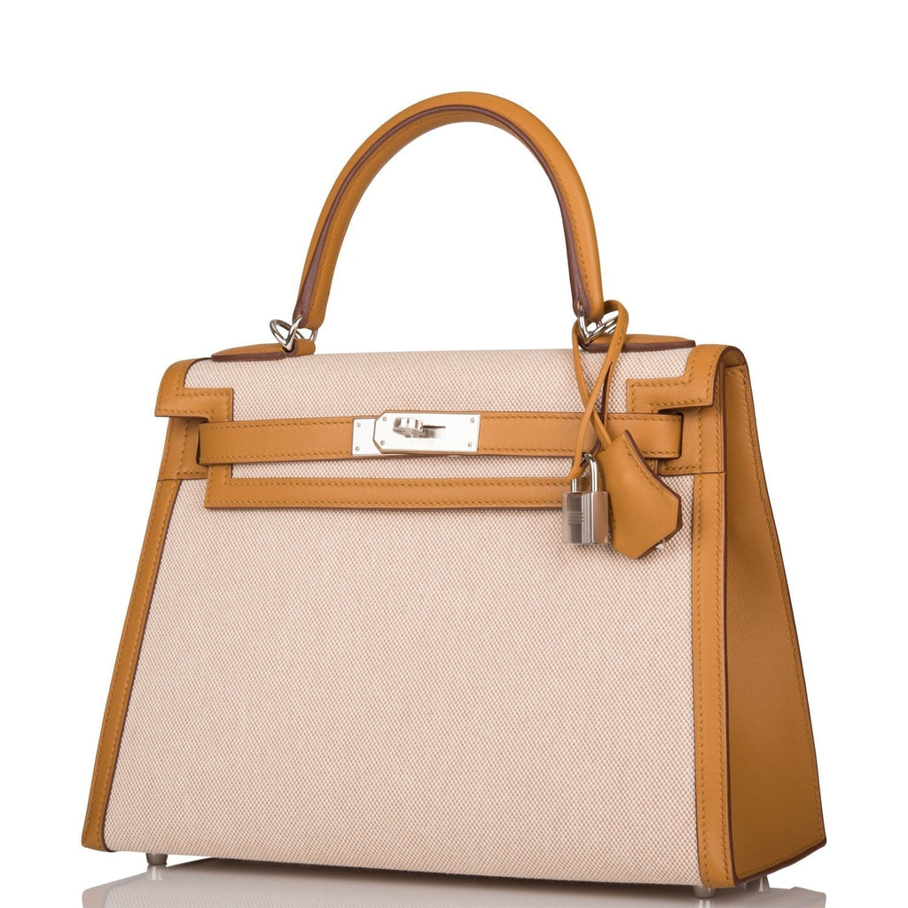 Hermes Sesame Toile and Swift Sellier Kelly 28cm Palladium Hardware, Flap open on Kelly 28 revealing swift int