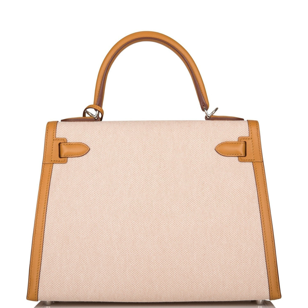 Hermes Sesame Toile and Swift Sellier Kelly 28cm Palladium Hardware, Kelly Sellier 28 showing rolled handle an